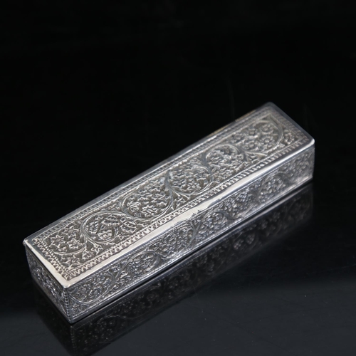 958 - An unmarked white metal box of rectangular form, with allover embossed decoration, length 13cm, 3.7o... 