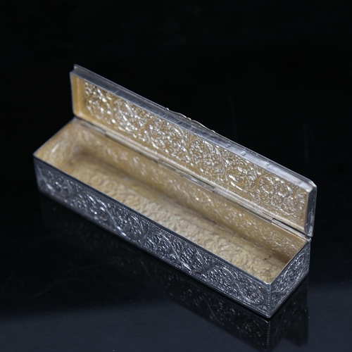 958 - An unmarked white metal box of rectangular form, with allover embossed decoration, length 13cm, 3.7o... 