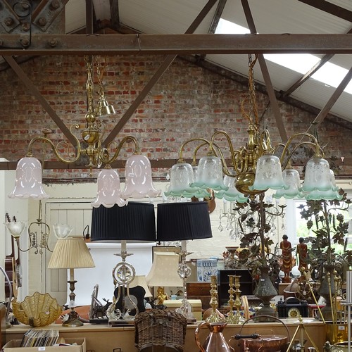 502 - A reproduction brass 3-branch light fitting and a Dutch style 8-branch chandelier with coloured glas... 