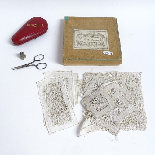 506 - Victorian sewing scissors and thimble in leather case, and a group of embroidered panels by A. Black... 