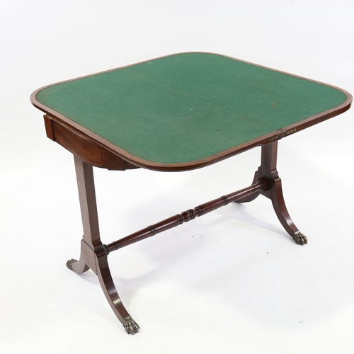 243 - WITHDRAWN - A Regency mahogany fold over card table on stretcher base, width 90cm