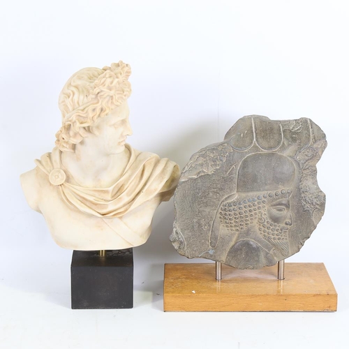 108 - A museum replica relief plaque on oak base, height 28cm, and museum replica bust, height 36cm (2)