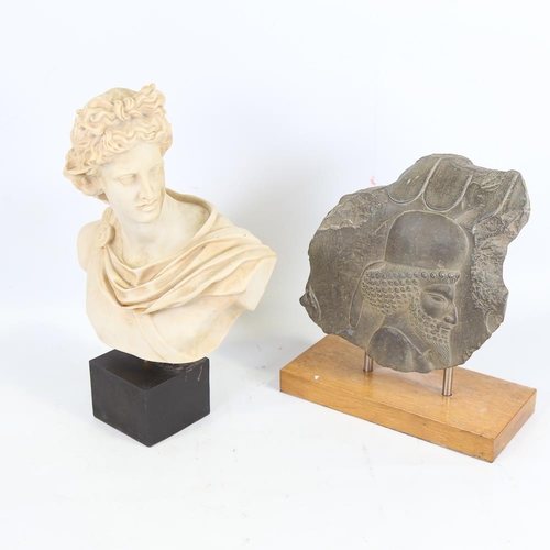 108 - A museum replica relief plaque on oak base, height 28cm, and museum replica bust, height 36cm (2)