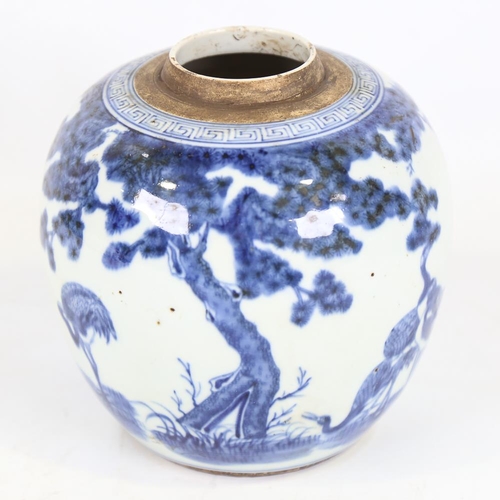 110 - A Chinese blue and white porcelain jar, hand painted heron designs, height 18cm, no lid