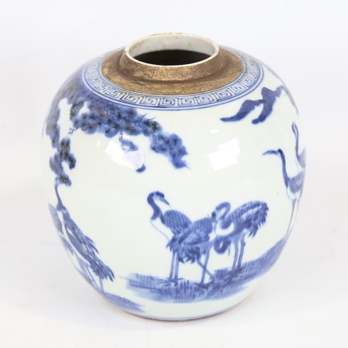 110 - A Chinese blue and white porcelain jar, hand painted heron designs, height 18cm, no lid