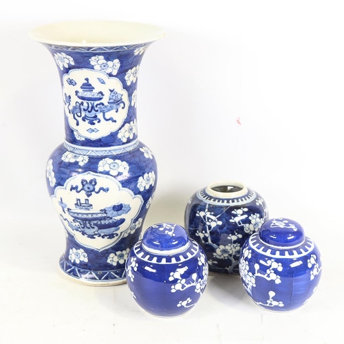 111 - A Chinese blue and white porcelain vase, height 35cm, and 3 blue and white jars (4)