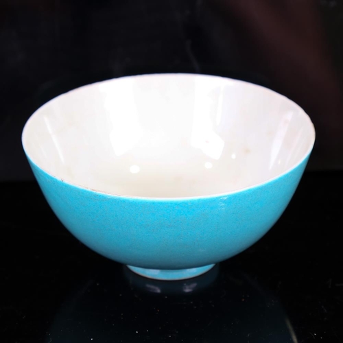 119 - A Chinese turquoise glaze porcelain bowl, white glaze interior with 6 character mark, diameter 12.5c... 