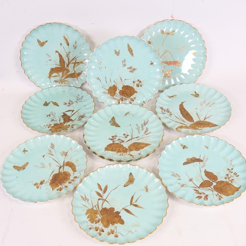 127 - A set of 10 Spode china cabinet plates, 1884, hand gilded and painted on duck egg blue ground, decor... 