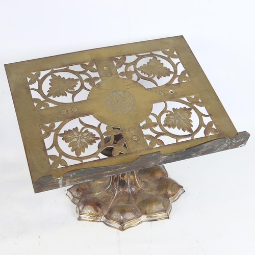 129 - A Victorian brass lectern, pierced and engraved brass panels on leaf design pedestal, width 36cm