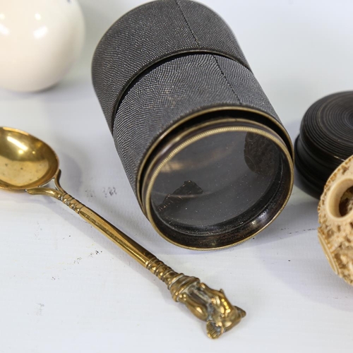 142 - A mixed group of items, including Chinese ivory puzzle ball, ivory snooker ball, magnifier lens, hor... 