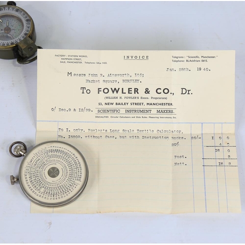 143 - A Stanley military Prismatic field compass, and a Fowler's textile calculator (2)