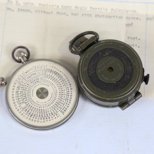 143 - A Stanley military Prismatic field compass, and a Fowler's textile calculator (2)