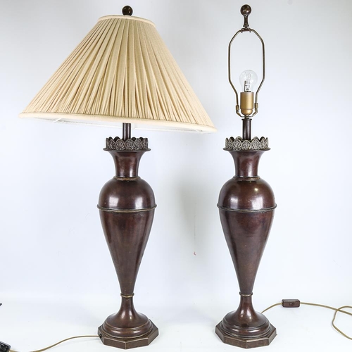 150 - A pair of modern patinated brass table lamps and shades, by Theodore Alexander, overall height 100cm