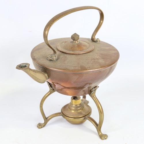 154 - W A S Benson, Arts and Crafts copper and brass tea kettle on spirit burner stand