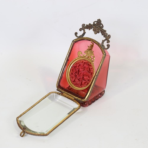 159 - 19th century cranberry glass and gilt-brass mounted pocket watch display cabinet, height 13cm, width... 