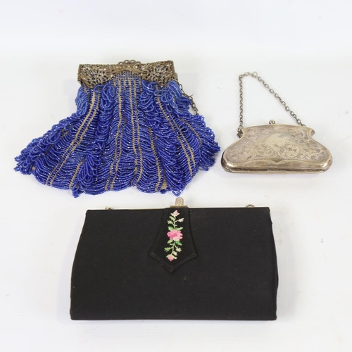 161 - A group of evening bags, including a 1920s blue glass bead bag and a Victorian electroplate bag (3)