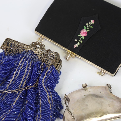 161 - A group of evening bags, including a 1920s blue glass bead bag and a Victorian electroplate bag (3)