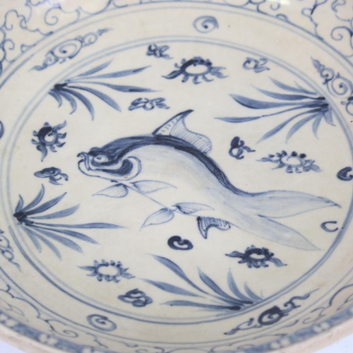 177 - A Chinese blue and white ceramic bowl, with hand painted fish design, diameter 34cm