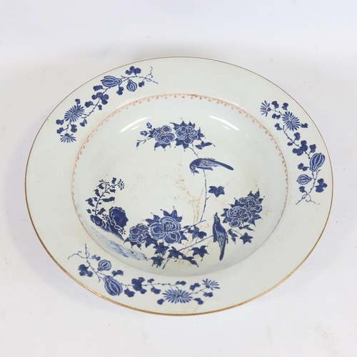 178 - A large Chinese blue and white porcelain bowl, with painted designs of birds, diameter 33.5cm