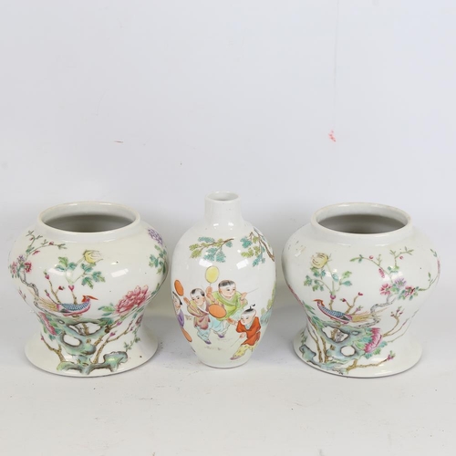 179 - A pair of Chinese white glaze porcelain jars, with painted enamel exotic birds, 4 character marks, h... 