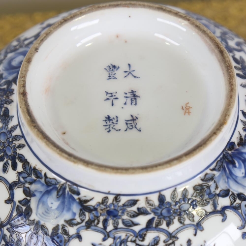 181 - A Chinese blue and white porcelain bowl, with painted exotic birds and flowers, 6 character mark, di... 