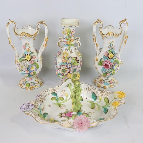 182 - 4 pieces of Coalbrookdale and similar white glaze porcelain, encrusted with flowers and hand painted... 