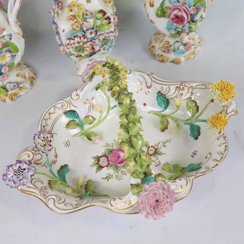 182 - 4 pieces of Coalbrookdale and similar white glaze porcelain, encrusted with flowers and hand painted... 