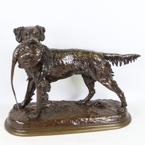 208 - After Jules Moigniez, patinated bronze sculpture, Gundog and pheasant, base length 53cm