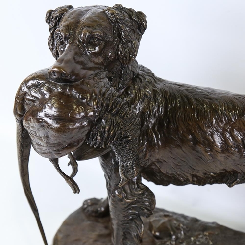 208 - After Jules Moigniez, patinated bronze sculpture, Gundog and pheasant, base length 53cm