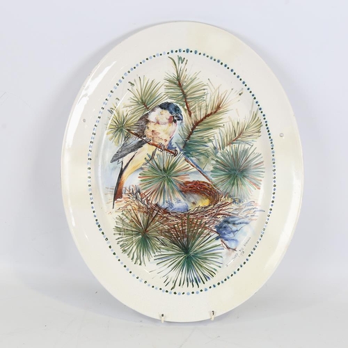 222 - David Sharp Rye Pottery oval platter, hand painted bird and nest design, dated 1972, length 47cm (A/... 