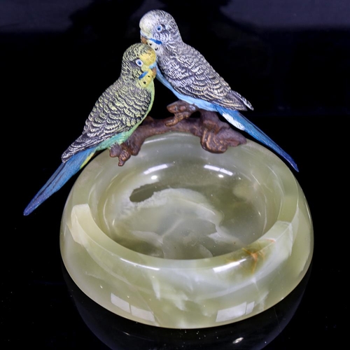 224 - A circular onyx bowl surmounted by cold painted bronze budgies, bowl diameter 11cm, together with re... 