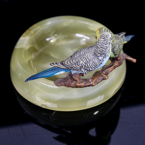 224 - A circular onyx bowl surmounted by cold painted bronze budgies, bowl diameter 11cm, together with re... 