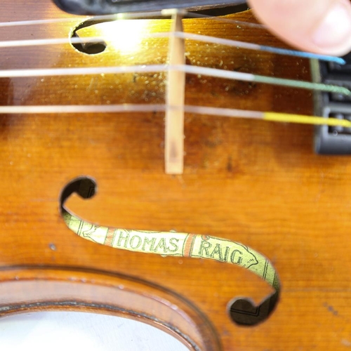 230 - A half-size violin, label for Thomas Craig George Street Aberdeen, length of back 31cm, cased