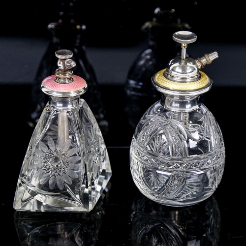 252 - 2 cut-glass silver and coloured enamel atomiser perfume bottles, largest height 12cm