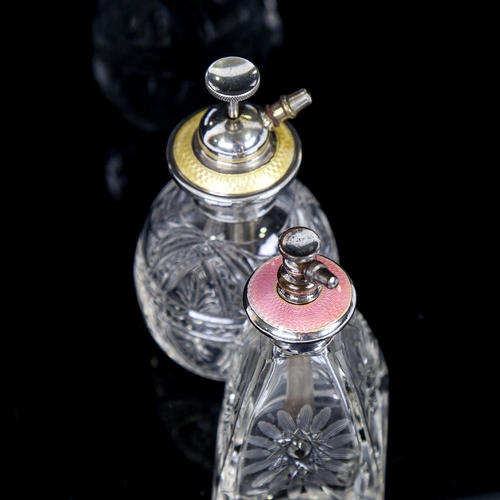 252 - 2 cut-glass silver and coloured enamel atomiser perfume bottles, largest height 12cm