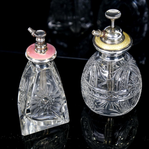 252 - 2 cut-glass silver and coloured enamel atomiser perfume bottles, largest height 12cm