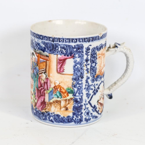 264 - A Chinese porcelain mug, polychrome enamel painted panels, height 13cm, rim diameter 11cm