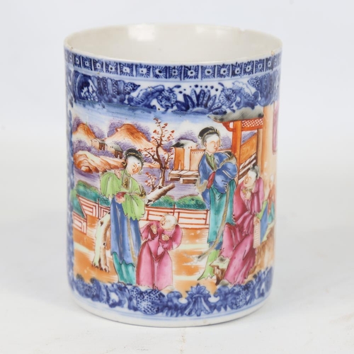 264 - A Chinese porcelain mug, polychrome enamel painted panels, height 13cm, rim diameter 11cm