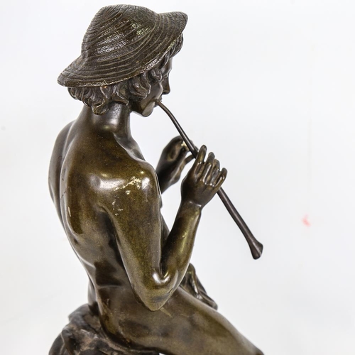 274 - Theodore Coinchon (1814 - 1881), patinated bronze sculpture, boy playing pipes, signed on base, heig... 