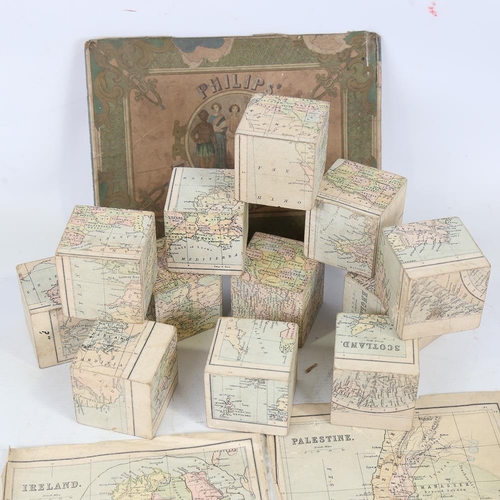 282 - Philips geographical cubes, in original printed wood case, case length 23.5cm