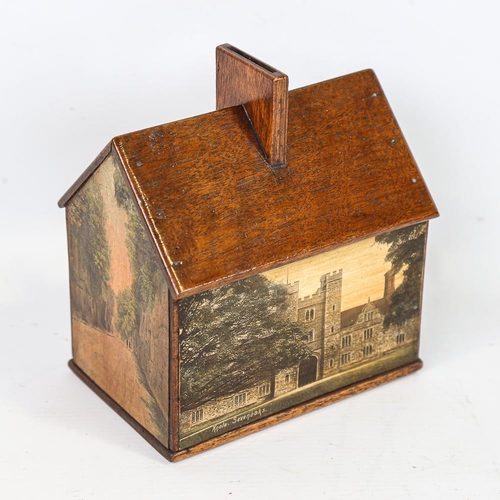 283 - A mahogany cottage-shaped moneybox, with printed rural scenes, length 14.5cm