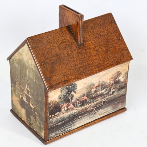 283 - A mahogany cottage-shaped moneybox, with printed rural scenes, length 14.5cm