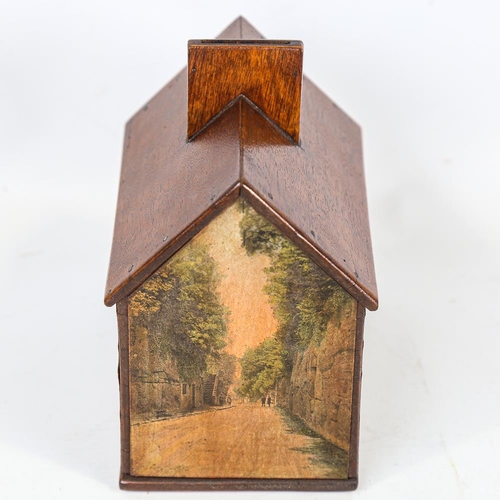 283 - A mahogany cottage-shaped moneybox, with printed rural scenes, length 14.5cm