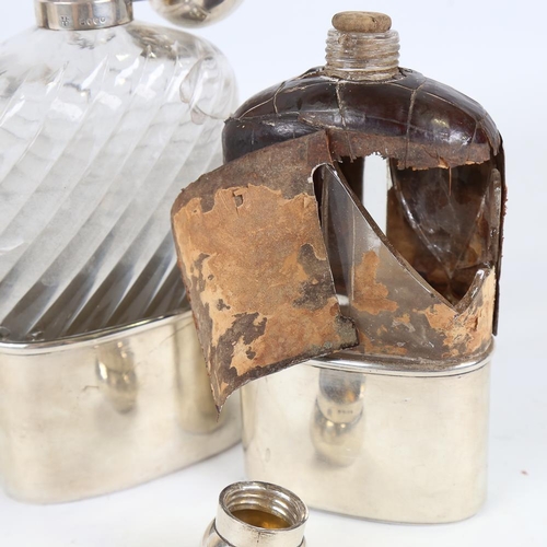 288 - 2 very large silver-mounted spirit flasks, by Asprey and Drew & Son, largest height 20cm, both A/F