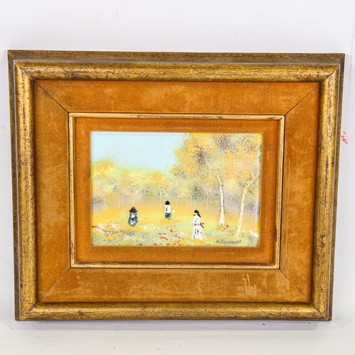 290 - A Limoges enamel picture, depicting figures in a landscape, modern gilt frame, overall frame size 26... 