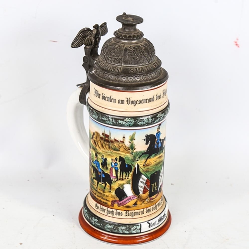 298 - A 19th century German porcelain stein, cast-pewter lid with hand painted battle scenes and military ... 