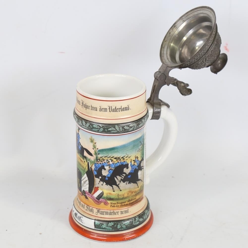 298 - A 19th century German porcelain stein, cast-pewter lid with hand painted battle scenes and military ... 