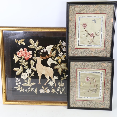 299 - A 19th century silk embroidery depicting a stag, modern frame, overall 50cm x 50cm, and 2 Chinese si... 