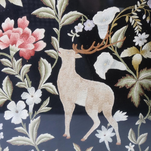 299 - A 19th century silk embroidery depicting a stag, modern frame, overall 50cm x 50cm, and 2 Chinese si... 