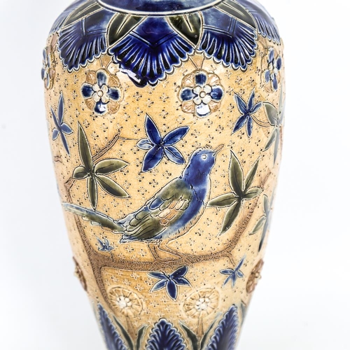 305 - Fulham Pottery vase with incised bird design, artist's mark and factory marks under base, height 42c... 